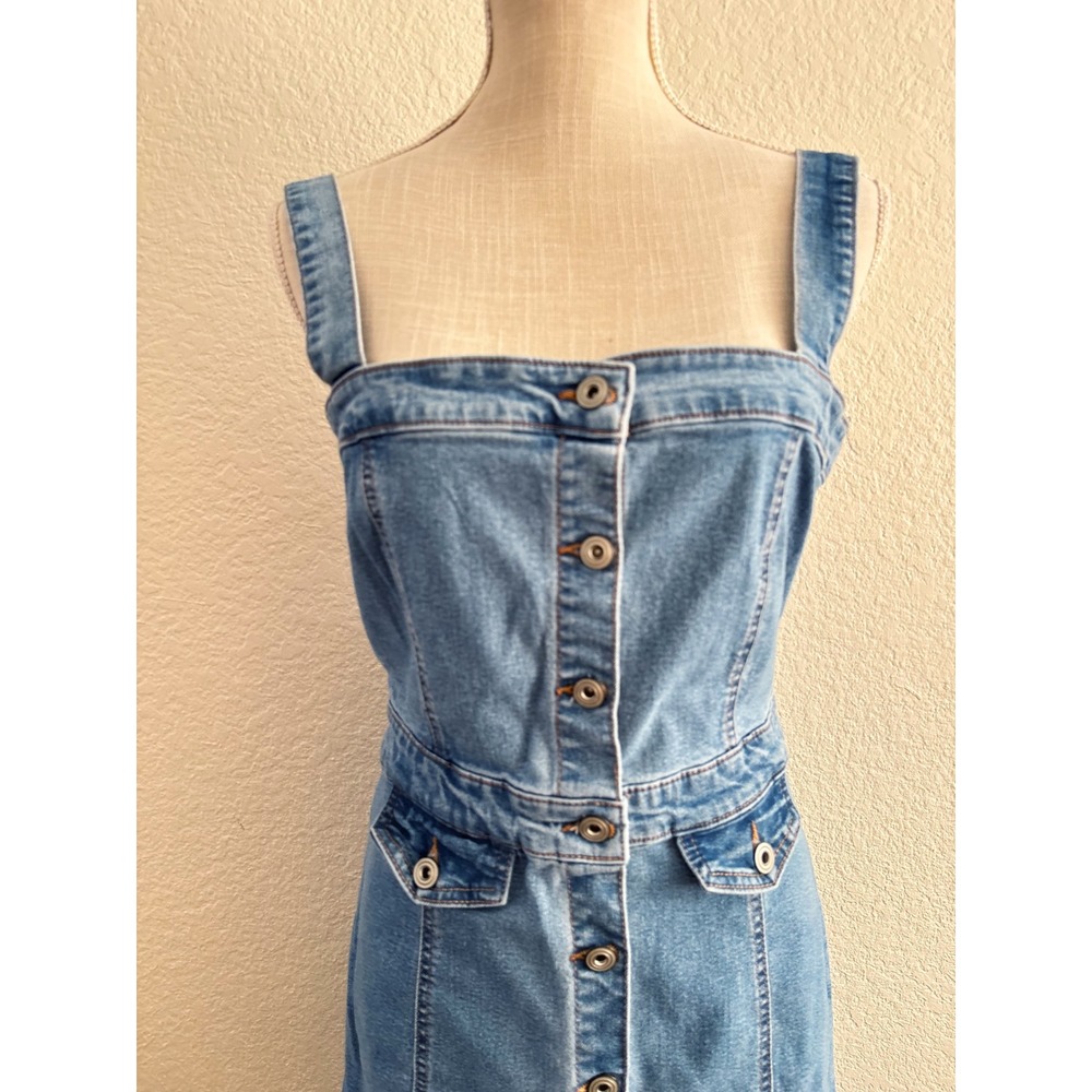 Girl-ish Denim Pinafore Dress Large Button Down Medium Wash Sleeveless Midi - Picture 2 of 11